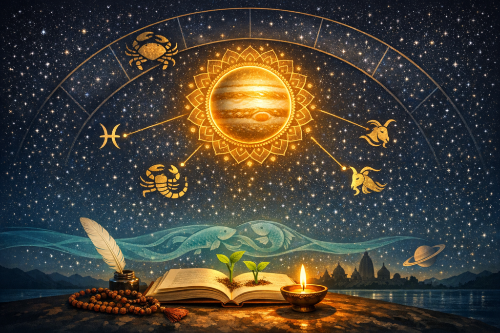 Glowing Jupiter in a mandala shines over a starry sky and a zodiac arc with Pisces, Scorpio, Capricorn, and Cancer. Below, an open book sprouts seedlings beside a lit diya, quill, and prayer beads near riverside temples.