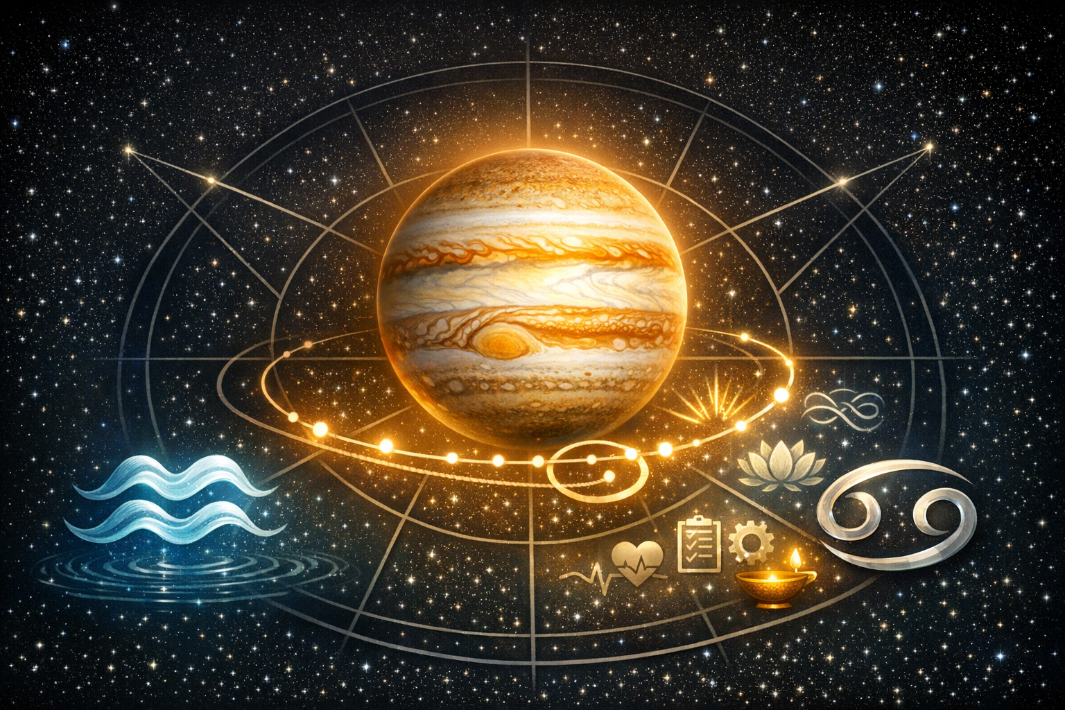 Golden Jupiter gleams on a celestial chart, encircled by a dotted orbit. Aquarius waves and the Cancer glyph appear nearby, with icons for health, checklist, gear, lotus, and lamp amid dense stars.