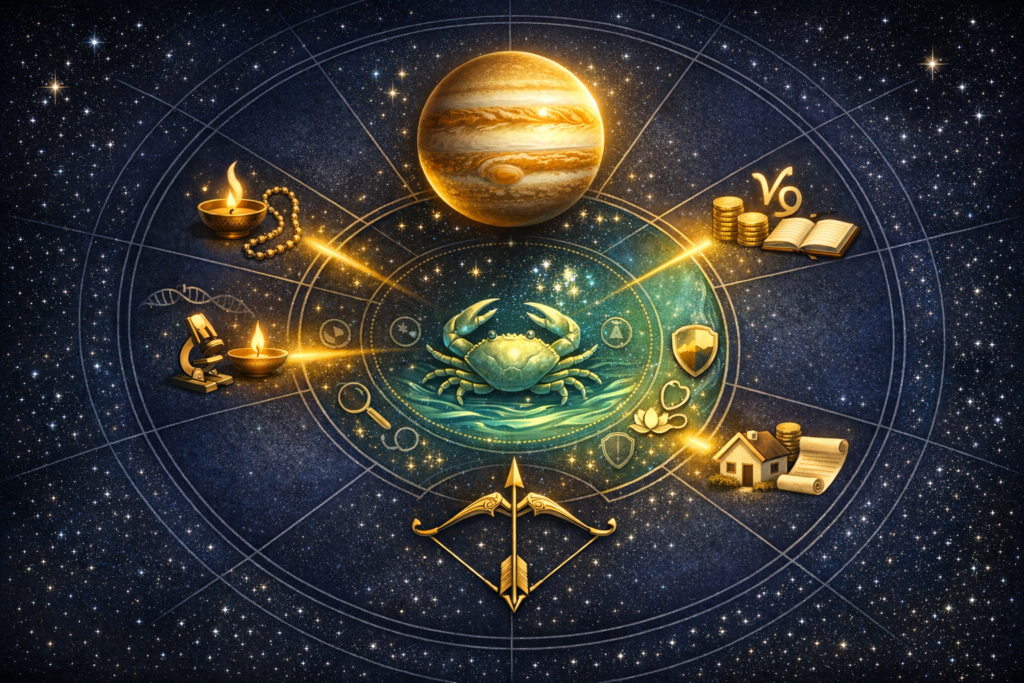 Starry zodiac wheel with golden Jupiter above a teal Cancer crab, Sagittarius bow below, and Capricorn sign by coins and book; icons show home, research, faith, love, and protection.