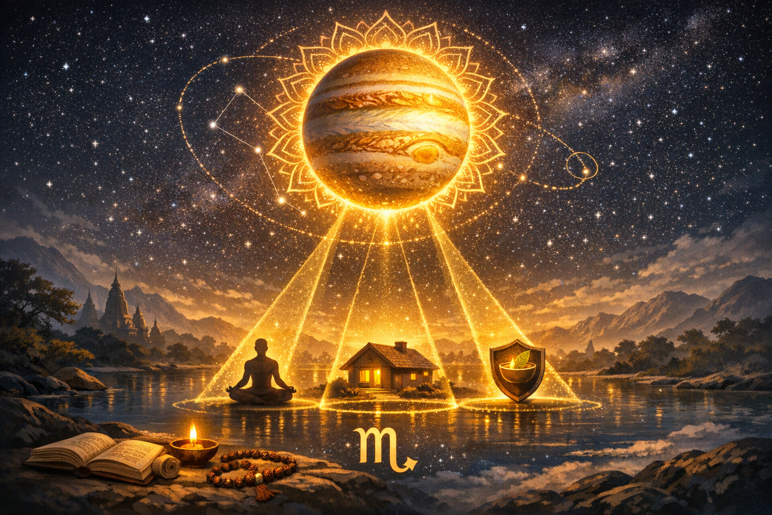Golden illustration of Jupiter radiating beams across a starry sky, highlighting a meditating figure, a cabin, and a shield with a leaf; Scorpio glyph and constellation below in an astrology scene.