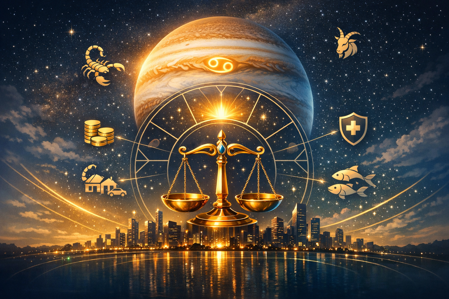 Golden scales hover above a waterfront city at night within a glowing zodiac wheel. A giant Jupiter shows the Cancer glyph; icons mark coins, a house, a health shield, and Pisces, Scorpio, Capricorn.