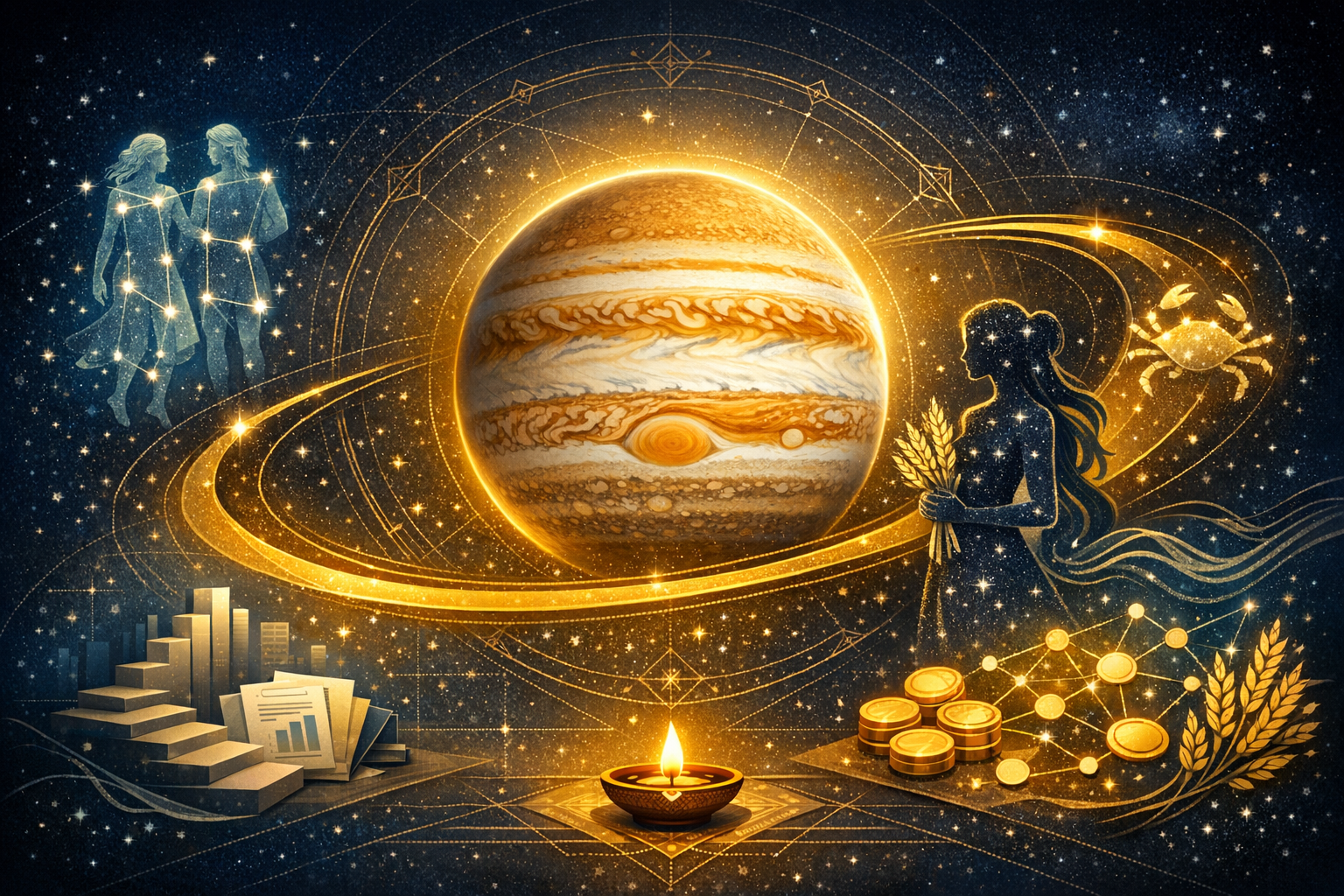 Illustration of Jupiter with its Great Red Spot and bright rings; Gemini, Virgo, and Cancer appear nearby, with coins, charts, wheat, and an oil lamp blending astrology, finance, and growth themes.