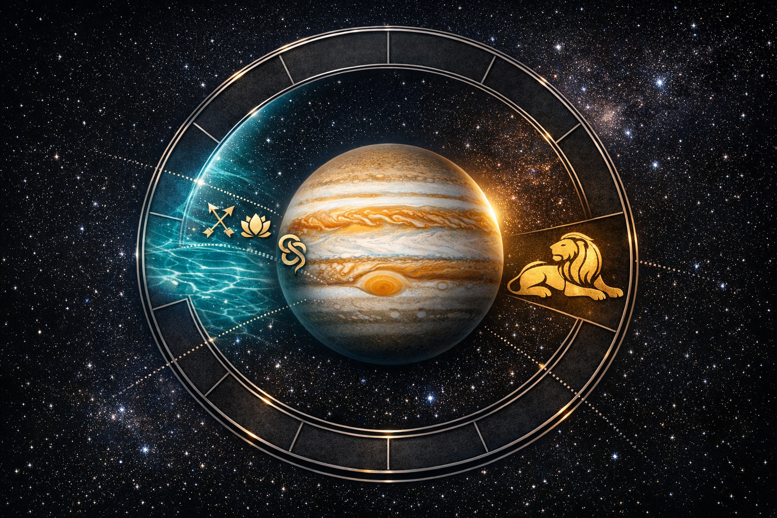 Jupiter centered in a starry zodiac wheel, split aqua-to-gold, with Sagittarius, lotus, and infinity icons left and a glowing Leo lion right—astrology, horoscope, and Jupiter-in-Leo symbolism.