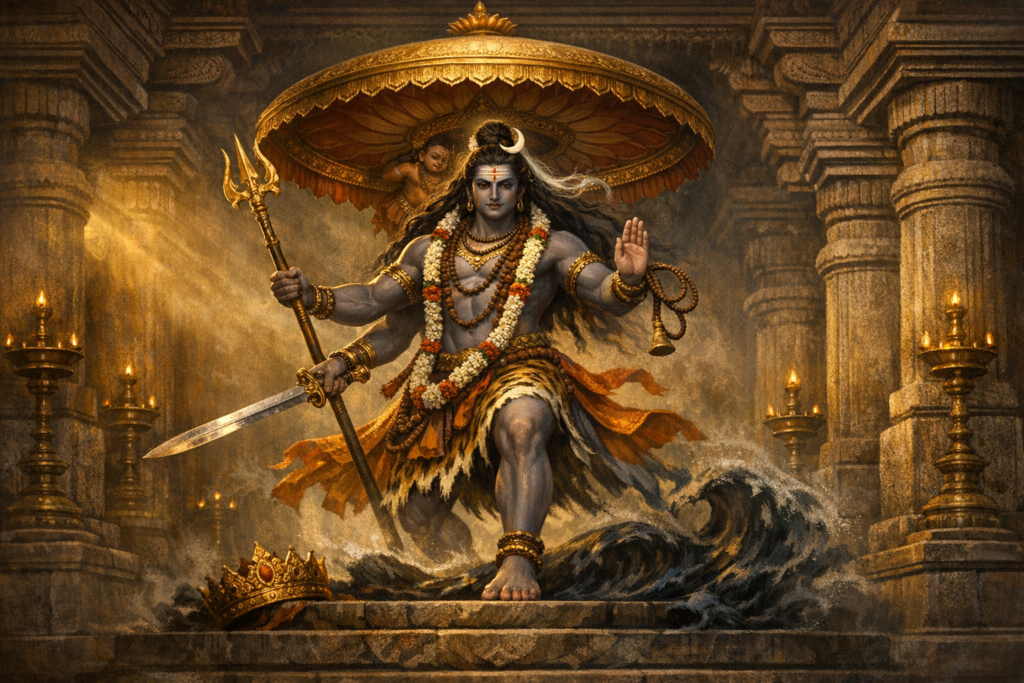 Illustration of the Hindu deity Lord Shiva in a temple, with trident and sword, wearing garlands and tiger-skin, waves swirling at his feet, a fallen crown before him, beneath a parasol, lamps aglow.