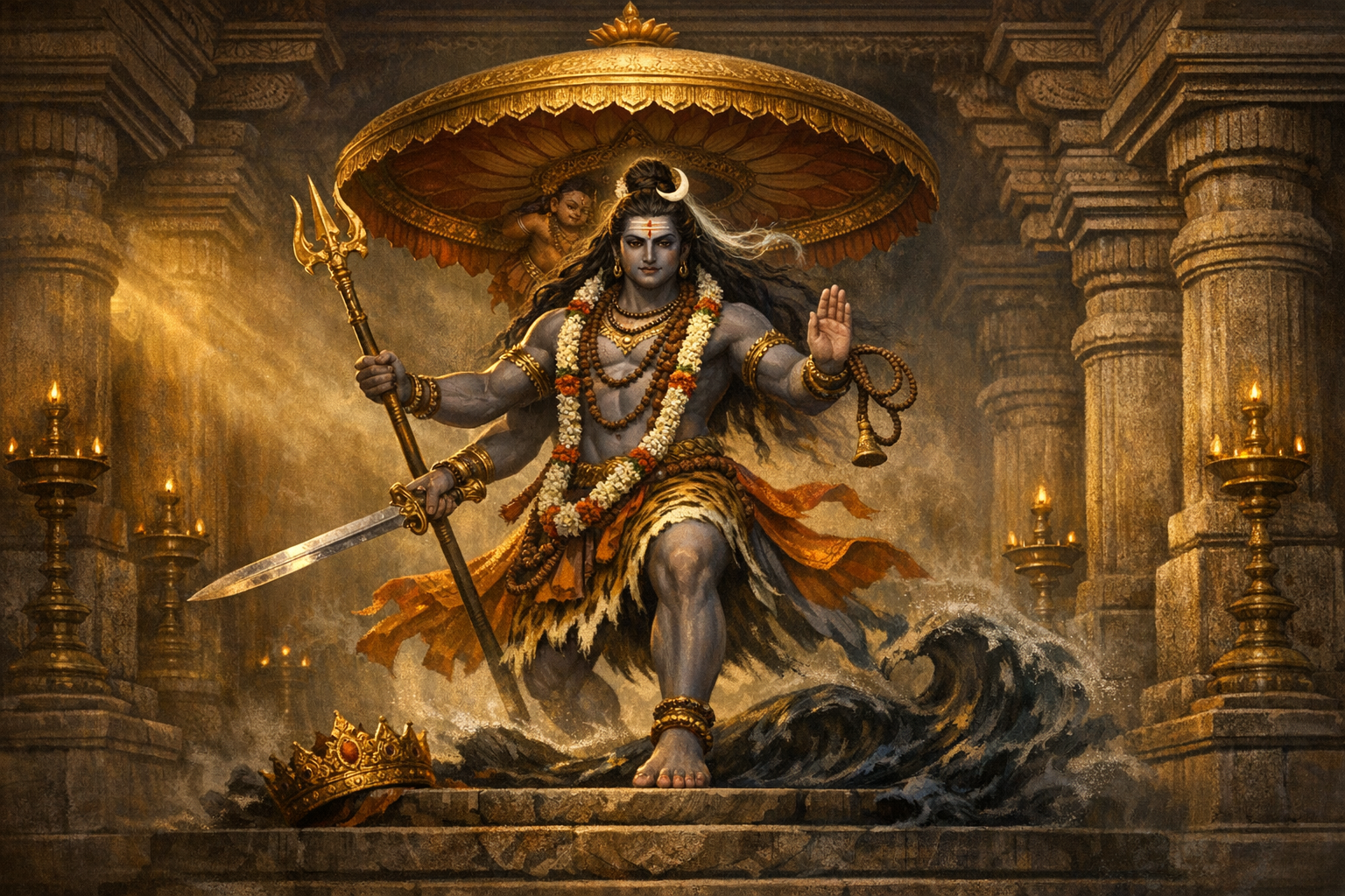 Illustration of the Hindu deity Lord Shiva in a temple, with trident and sword, wearing garlands and tiger-skin, waves swirling at his feet, a fallen crown before him, beneath a parasol, lamps aglow.