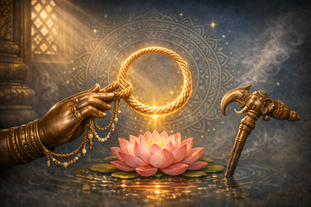 Bronze statue hand with ornate bangles lifts a glowing braided gold ring above a pink lotus floating on water; incense curls, a mandala shimmers behind, and an elephant-headed ceremonial staff nearby.