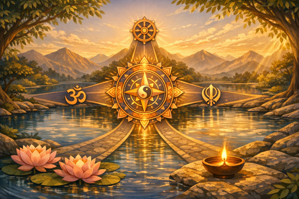 Sunlit river and mountains frame a luminous mandala-compass with a yin-yang center; Om and Khanda on the sides, a Dharma wheel above, pink lotus flowers and a small lit oil lamp in the foreground.