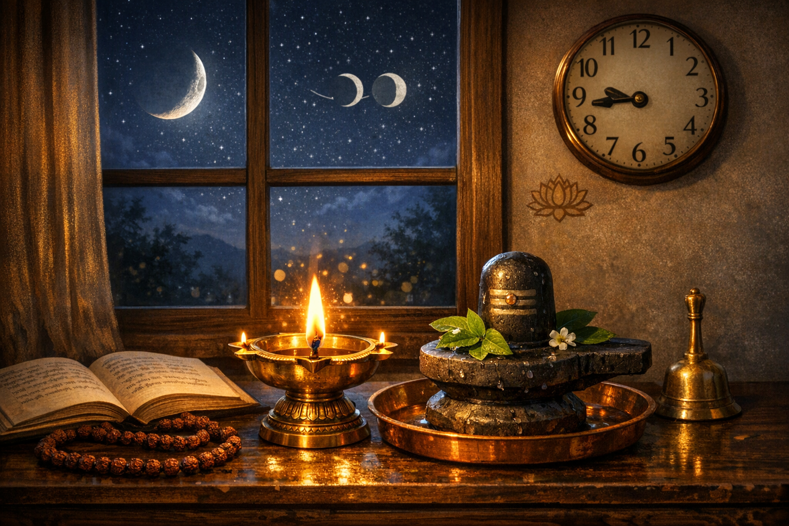 Night puja scene: a brass diya glows beside a wet Shiva lingam with bilva leaves and jasmine; an open scripture, rudraksha mala, and bell rest on the altar, with a crescent moon outside.