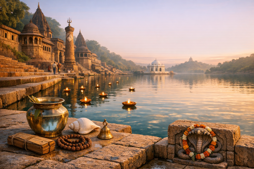 Dawn on an Indian river ghat with stone temples, floating oil lamps, ritual brass pot, conch, bell, and a garlanded cobra relief; tranquil heritage architecture scene for travel, culture, and spirituality.