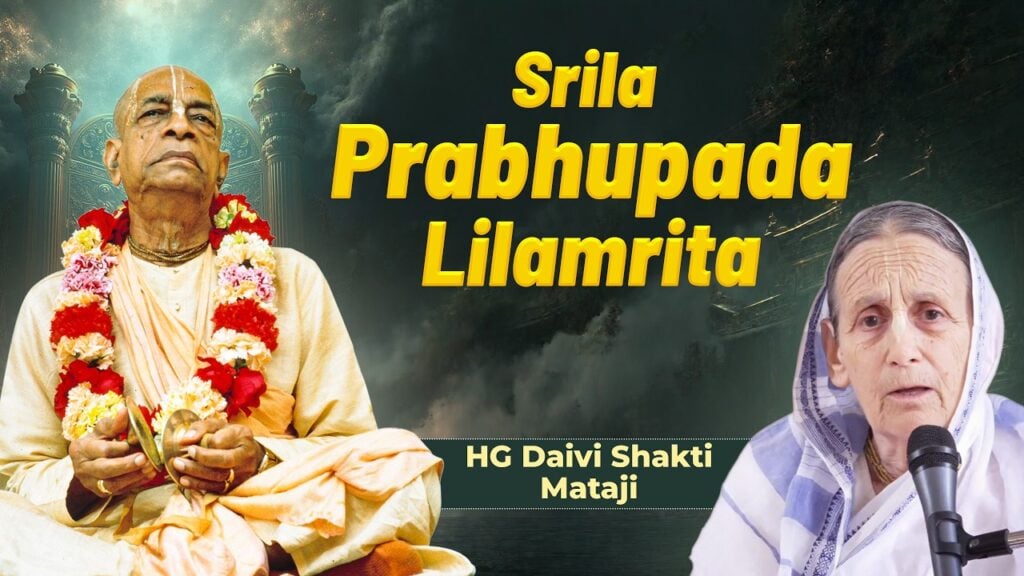 Event banner with a man in saffron and flower garlands (left) and a woman in a white sari with a microphone (right); headline reads 'Srila Prabhupada Lilamrita' and 'HG Daivi Shakti Mataji'; testing.
