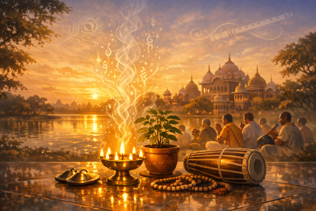 Golden sunset by a riverside temple with a lit brass diya, tulsi plant in a clay pot, mridanga drum, kartals, and japa mala; a group sings and plays music nearby, evoking kirtan and bhakti yoga.