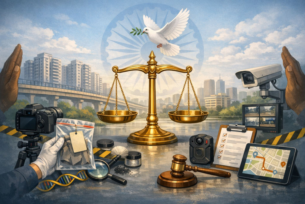 Illustration of a golden justice scale topped by a dove, against a city skyline with an Ashoka Chakra motif, surrounded by forensic tools, CCTV, body camera, gavel, and map—criminal justice.
