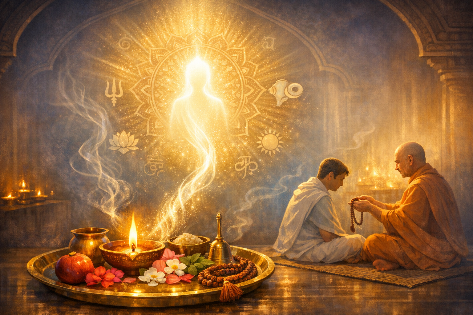 Warm-lit temple scene where a monk offers a mala for mantra practice to a seated devotee beside a brass tray with diya, flowers, fruit and rudraksha. A glowing figure and Hindu symbols shine in smoke.