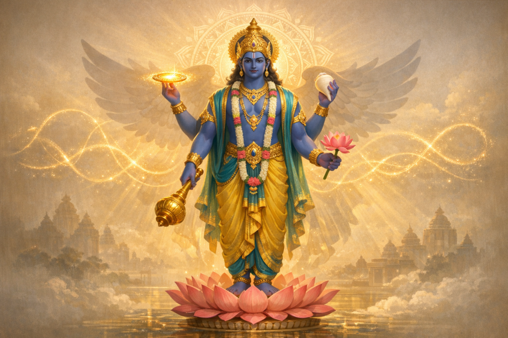 Illustrated deity Vishnu with blue skin and four arms stands on a pink lotus, holding chakra, conch, mace, and lotus; golden crown, teal-gold robes, radiant halo and temples glowing in background.