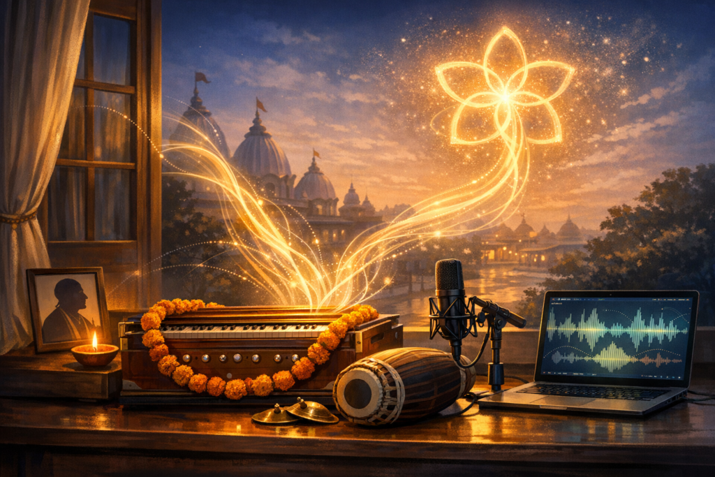 Illustration at twilight: a marigold-draped harmonium, mridangam, manjira, and studio mic beside a laptop with waveforms, while golden lotus-like sound trails drift toward temple domes beyond the window. {post.categories}