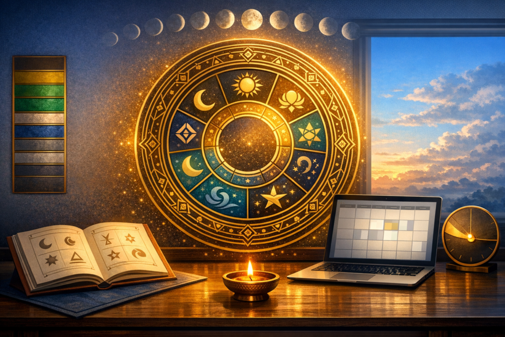 Golden astrology wheel with zodiac symbols and moon phases glows on a wall; on the desk are an open symbol book, a lit candle, a laptop calendar, and a brass clock by a sunrise window.