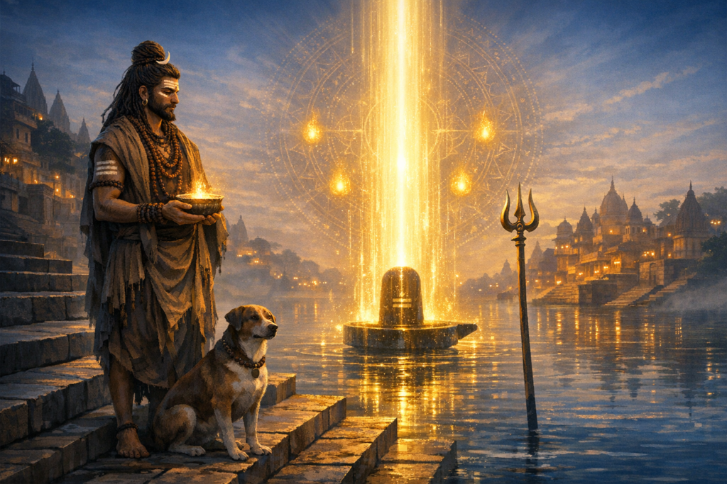 At dusk on river ghats, a robed ascetic with prayer beads holds a glowing diya beside a calm dog, facing a radiant Shiva lingam and trishul as golden light rises over Varanasi temples and water.
