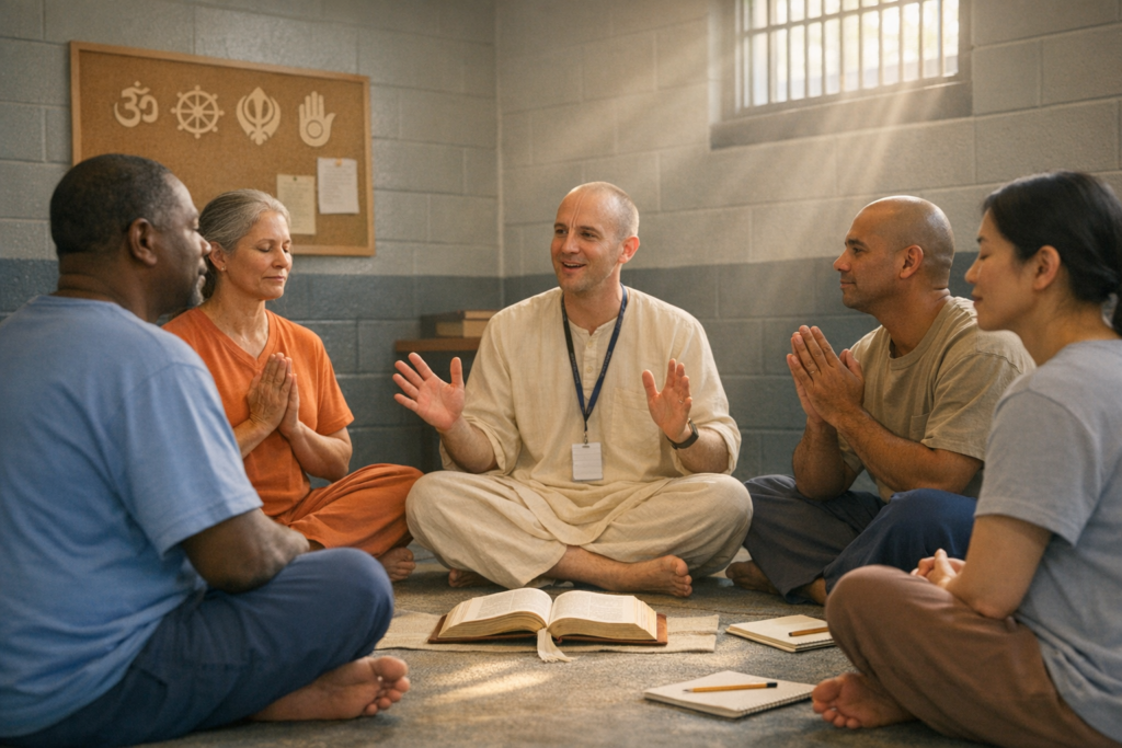 Interfaith meditation circle as a chaplain leads five adults cross-legged; hands clasped, an open book and notebooks on the floor; sunbeams through a barred window and faith symbols on a corkboard.