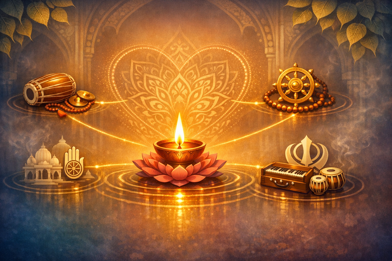 Glowing diya on a lotus radiates gold ripples toward Jain, Buddhist, and Sikh symbols, with prayer beads, mridangam, manjira, harmonium, and tabla in a temple-like setting beneath arching leaves.