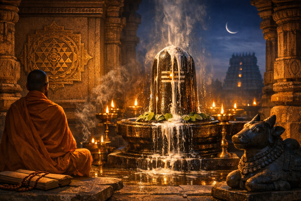 Nighttime temple with a Shiva linga bathed in abhishekam, lamps aglow, a seated figure in saffron robes nearby, Nandi statue and Sri Yantra relief, and a crescent moon above a South Indian gopuram.