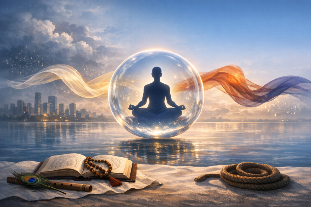 Silhouette meditating in a glowing sphere above calm water at dawn, city skyline behind; an open book with mala beads, a flute, peacock feather and coiled rope—meditation, mindfulness, spirituality