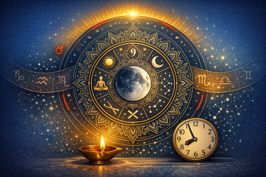 Golden zodiac mandala with moon center, sun and crescent icons, constellations, and a clock beside an oil lamp on a starry blue backdrop, evoking astrology, horoscopes, lunar phases, and mindful time.