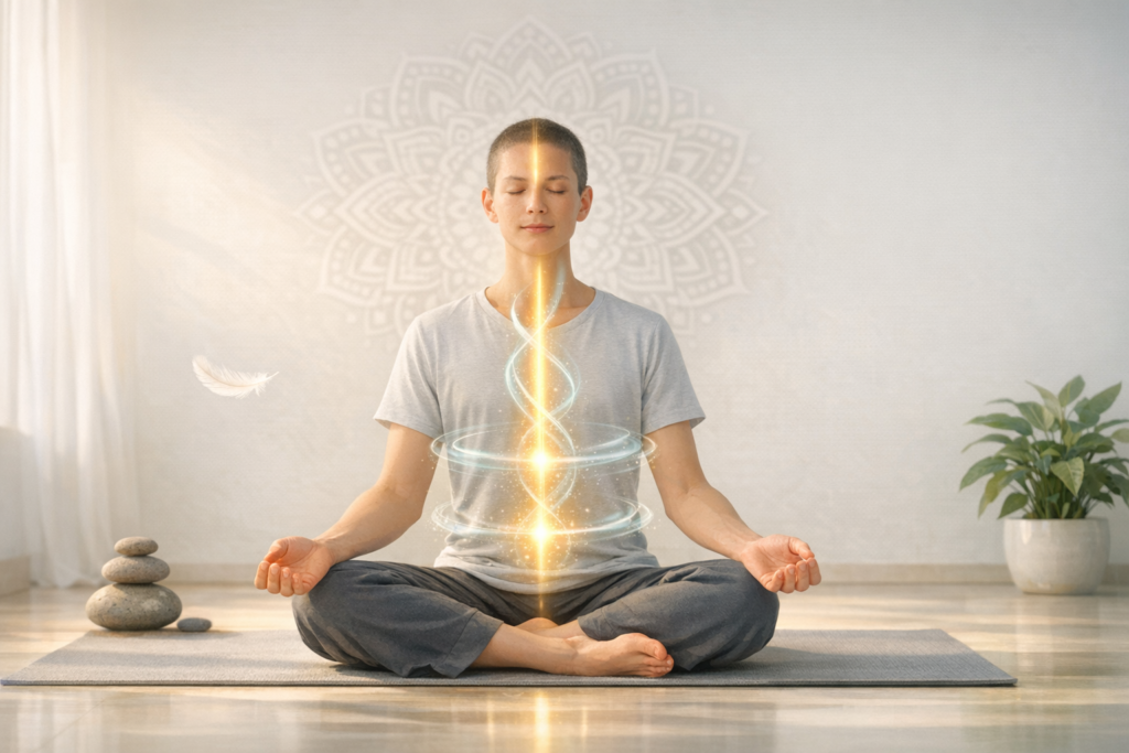 Person meditating cross-legged on a yoga mat in a bright room, eyes closed, with a glowing spiral along the spine; mandala wall motif, stacked stones, a white feather, and a potted plant.