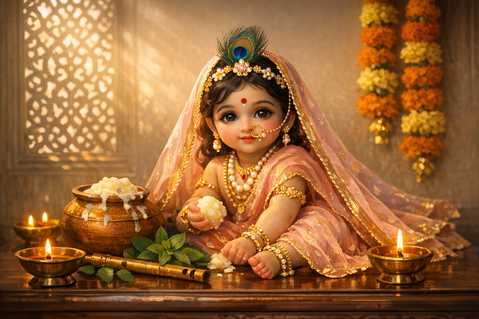 Ornate depiction of baby Krishna (Laddu Gopal) in pink-gold attire with peacock feather, holding butter beside a brass pot, flute, green leaves, marigold garlands, and lit diyas on a wooden altar.