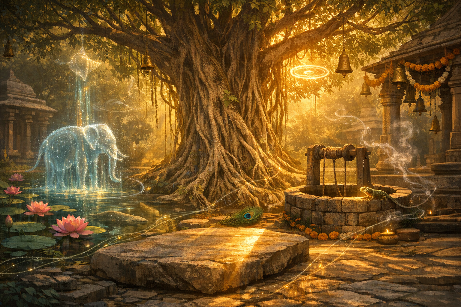 Golden-lit temple grove with a vast banyan, lotus pond, and stone well; an ethereal elephant made of light rises by the water as bells and marigold garlands sway; a peacock feather on sunlit stone.