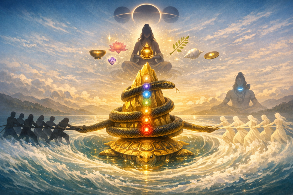 Golden turtle bears a mountain coiled by a serpent marked with seven glowing chakras. Teams churn a cosmic ocean below, while a meditative deity and sacred symbols hover above—Hindu mythology, yoga.