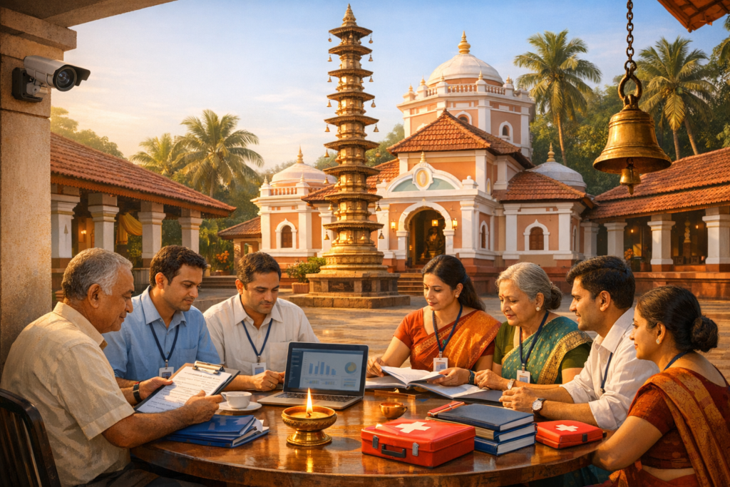 Community leaders meet in an Indian temple courtyard, reviewing charts on a laptop beside files and first-aid kits, blending tradition and data for rural development and public health planning.