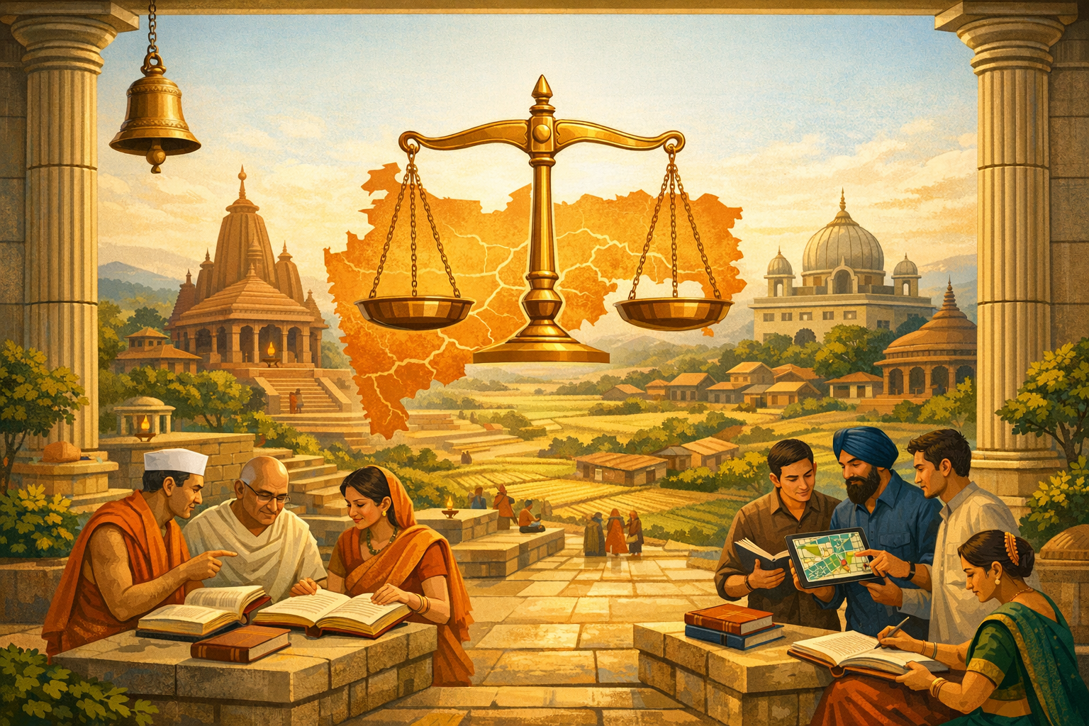 Illustration of Indian community learning law and planning under scales of justice over a Maharashtra map, blending temples, villages, and tablets to symbolize governance, rights, and legal reform.