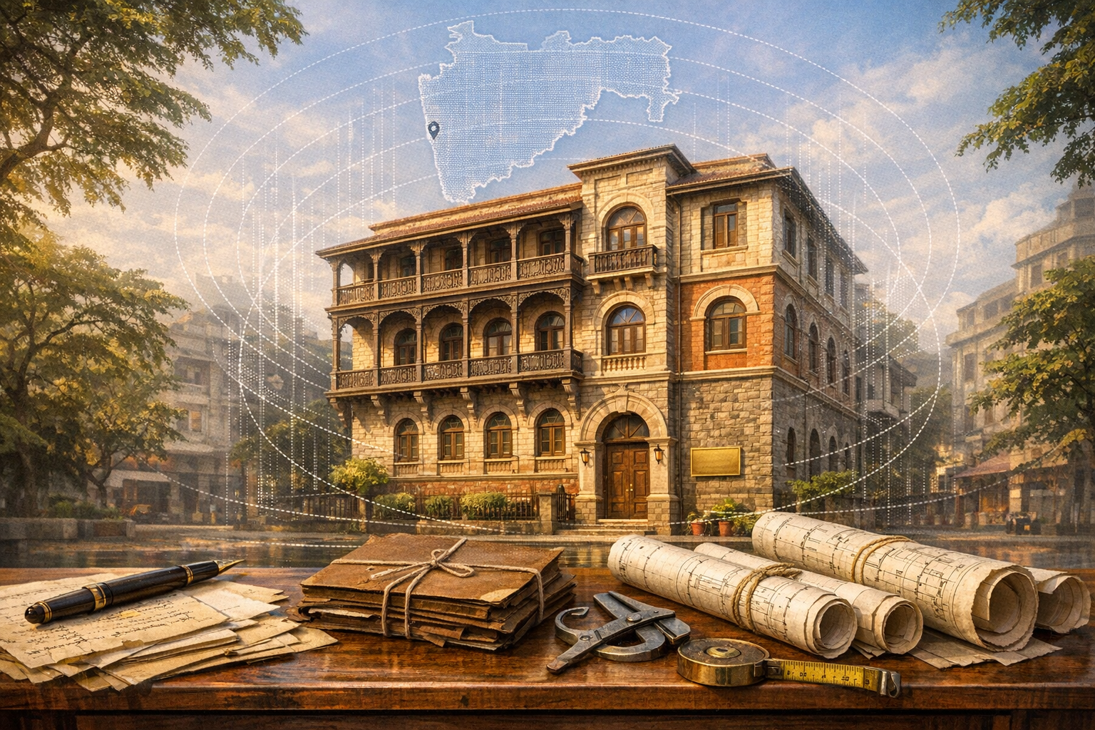 Historic stone building with arched balconies on a sunlit Indian street, set behind a desk with rolled blueprints, old papers and survey tools, plus a dotted map overlay marking the site's location.
