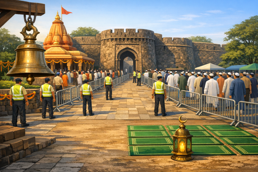 Visitors queue past barricades toward a stone fort gate and garlanded temple, with high-vis security; green prayer mats and a crescent lantern in front, cultural heritage festival and public safety.