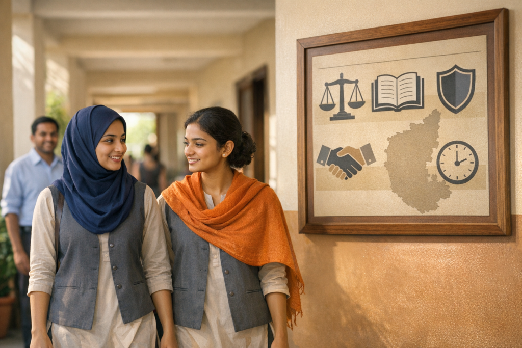 Two college students walk along a sunlit campus corridor beside a framed poster with icons of justice scales, book, shield, handshake, clock, and a state map, echoing civic education and governance.