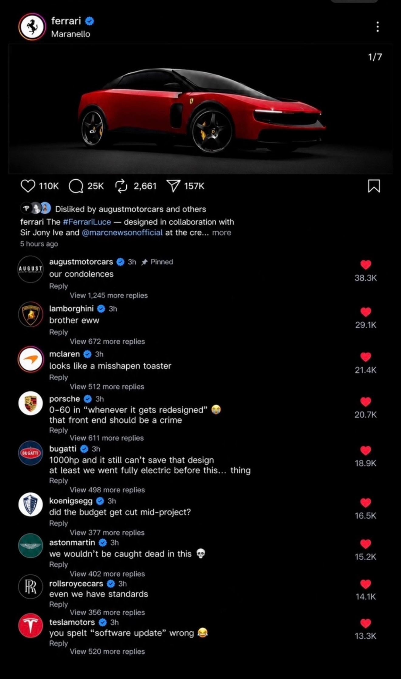 Screenshot of Ferrari's Instagram reveal of the red Ferrari Luce electric concept coupe on a black background, with mocking comments and reactions from rival supercar brands below.
