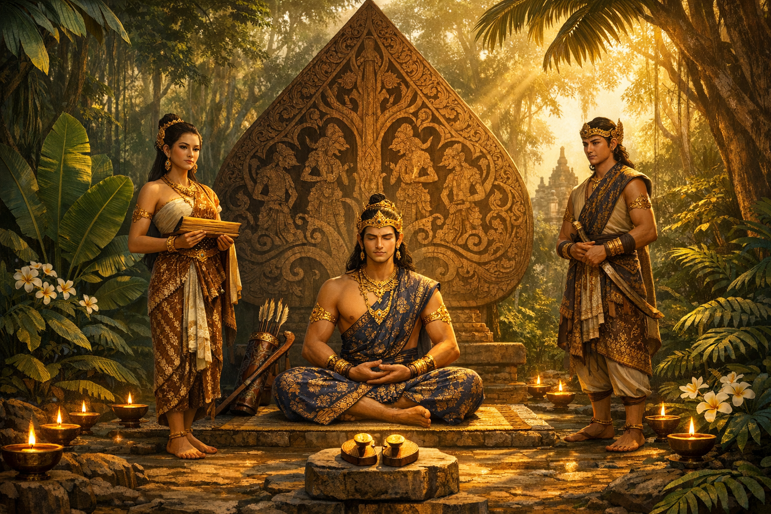 Three people in ornate Southeast Asian attire at a jungle temple; the central figure meditates before carved reliefs, flanked by attendants, oil lamps, white frangipani, and warm sunrise light.