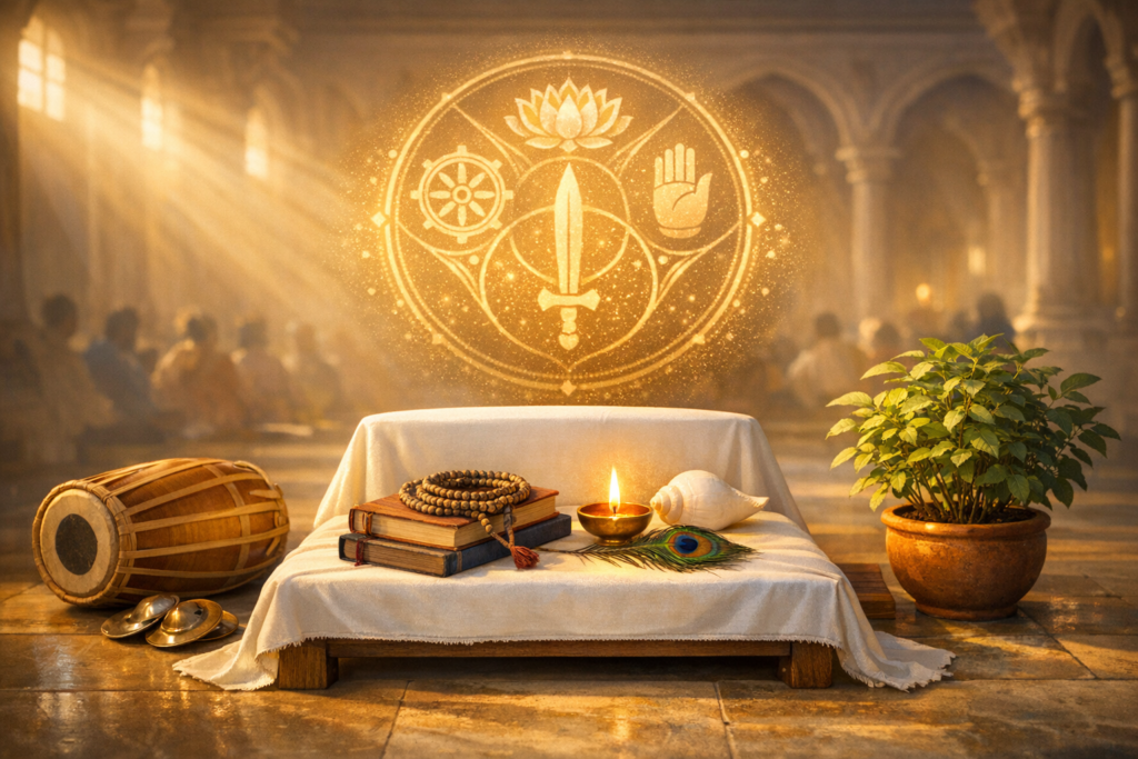 Sunlit temple scene with a low altar holding sacred texts, mala beads, a lit diya, conch, and peacock feather; tulsi plant and mridangam nearby; glowing mandala with lotus, wheel, sword, and hand.