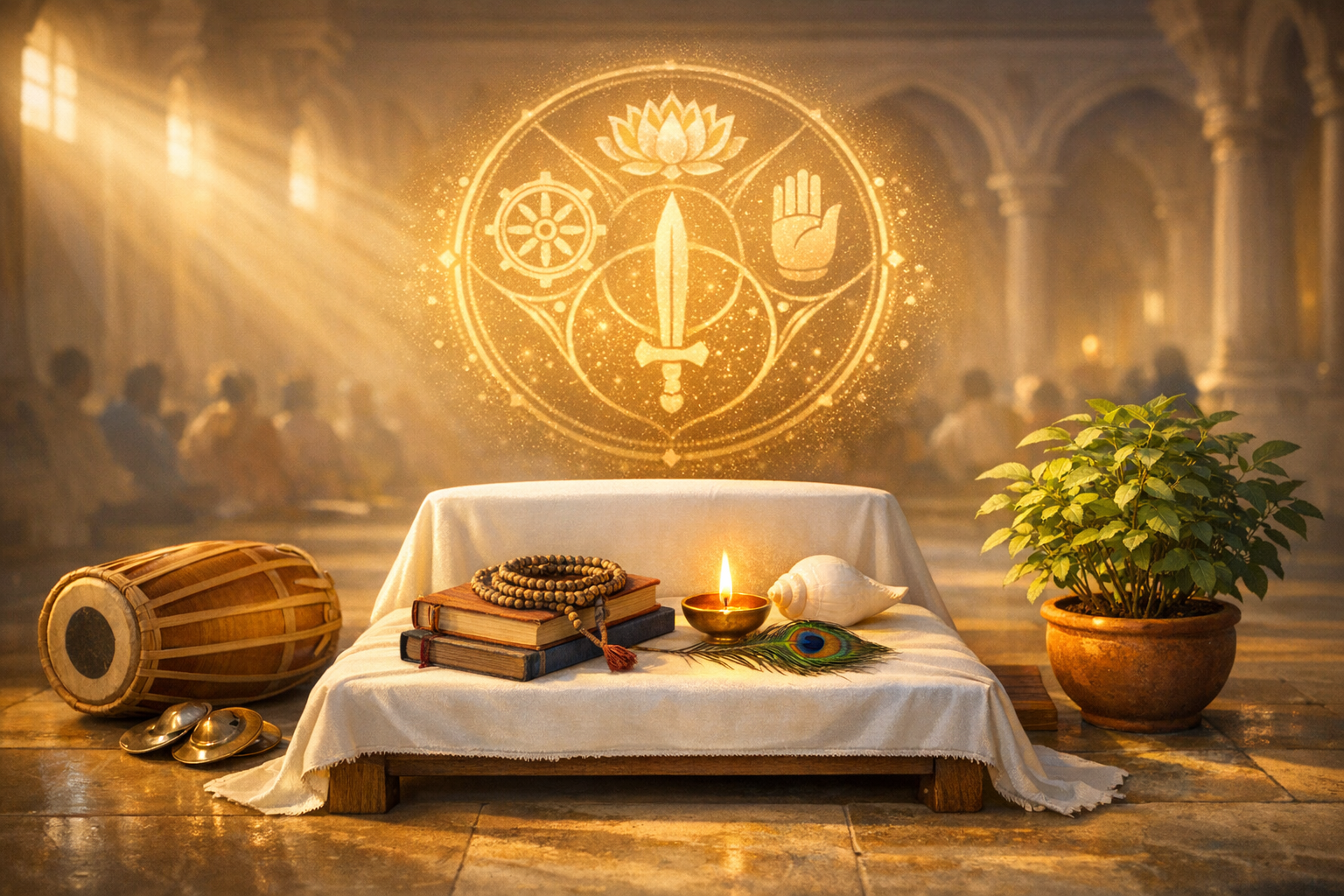 Sunlit temple scene with a low altar holding sacred texts, mala beads, a lit diya, conch, and peacock feather; tulsi plant and mridangam nearby; glowing mandala with lotus, wheel, sword, and hand.