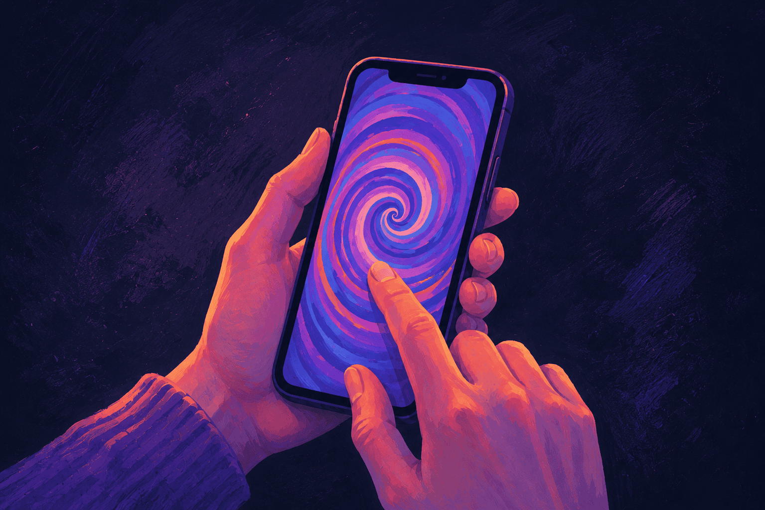 Illustration of two hands holding a smartphone with a glowing purple spiral on the screen, a finger poised to scroll—evoking doomscrolling and the simple replacement kit to help you unplug.