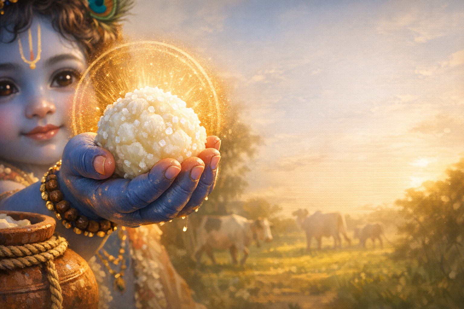 Illustrated Krishna as a blue-skinned child with peacock feather holds a glowing laddu sweet toward the viewer; a clay matka sits nearby as cows graze under warm sunrise light.
