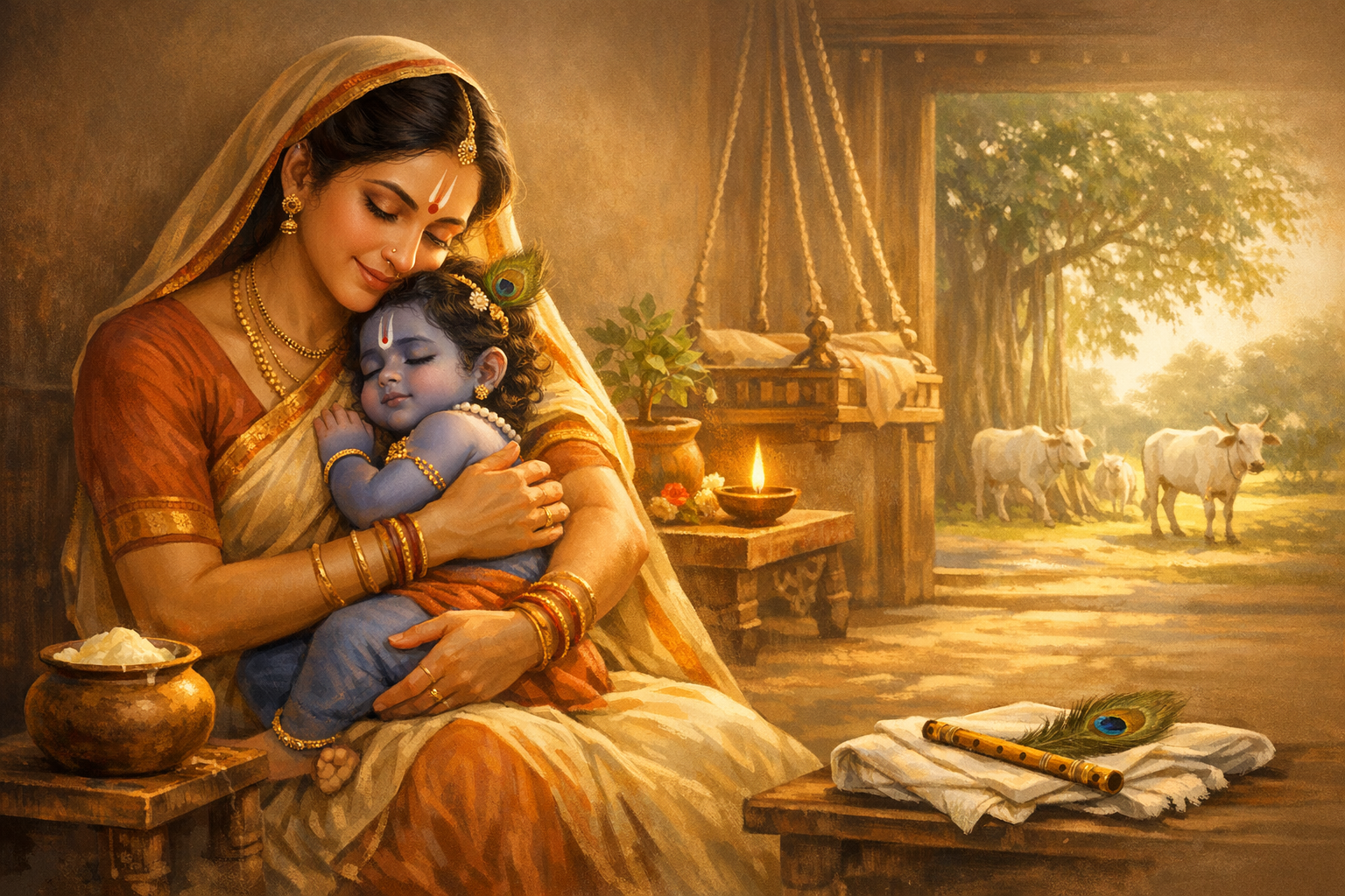 Hindu art painting of Yashoda cradling baby Krishna in a rustic courtyard, with peacock feather and flute on folded cloth, butter pot, glowing oil lamp, wooden cradle, and cows grazing under trees.