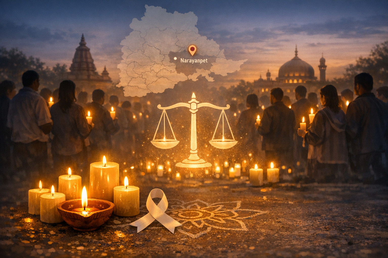 At dusk in Narayanpet, Telangana, a crowd holds candles in a vigil; foreground shows a clay diya, grouped candles, a white ribbon and rangoli, with a map pin and justice scales above.