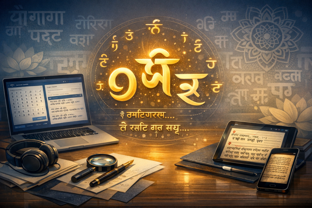 Warm-lit desk with laptop, tablet, and phone showing Devanagari script and Sanskrit text, beside headphones, pens, and a magnifier; a glowing ring of Indic letters shines in the background.