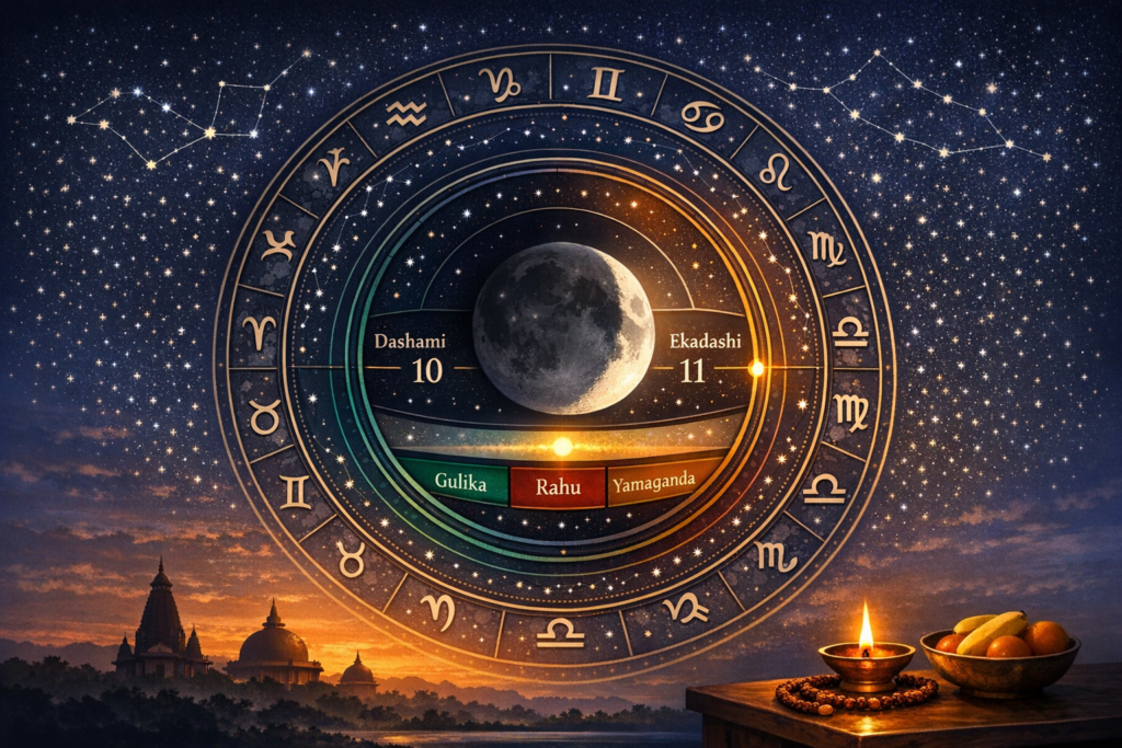 Illustrated Vedic astrology wheel under a starry sky, with the Moon at center, tithi labels Dashami 10 and Ekadashi 11, Rahu-Gulika-Yamaganda band, constellations, temple skyline and a lit diya.
