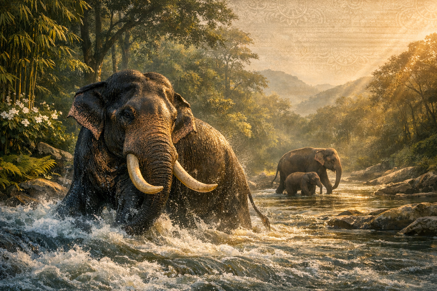Asian elephants wade through a sunlit jungle river: a tusked bull splashes in front as a mother and calf cross behind, framed by bamboo, rocks, tall trees, and distant misty hills.