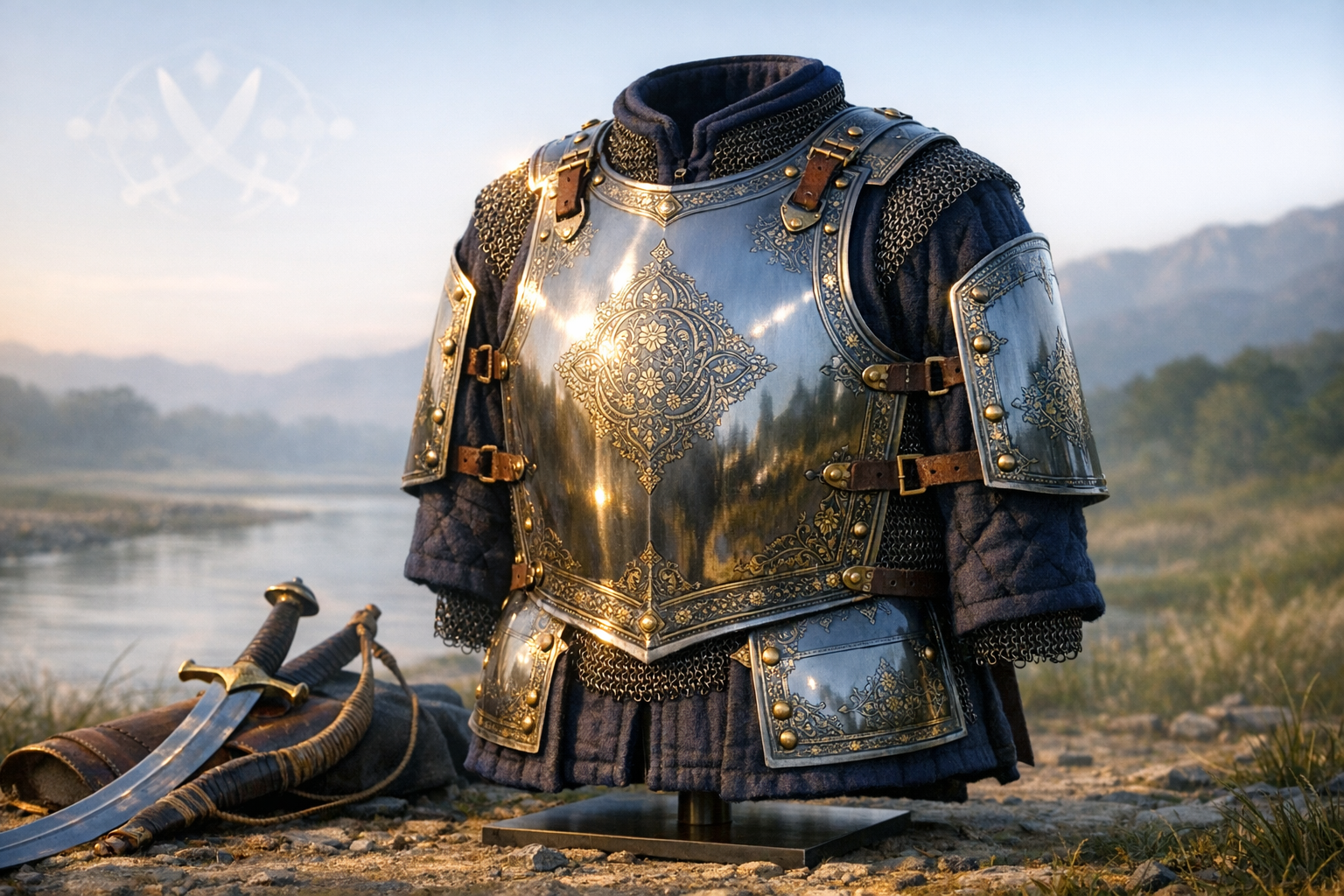 Polished medieval armor—an ornate breastplate with gold inlay, chainmail sleeves, and leather straps—on a stand by a river at dawn; two curved swords rest on stones, mountains fading in mist.