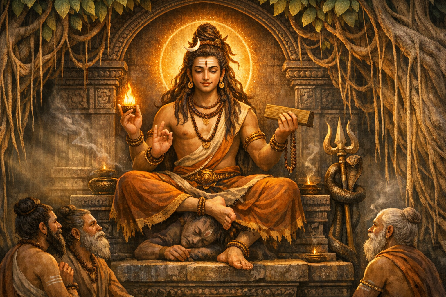 Detailed artwork of Lord Shiva in Hinduism, teaching under a banyan tree, haloed, holding a flame and palm-leaf scripture; trident and serpent nearby; rishis listen amid smoking oil lamps in a stone shrine.