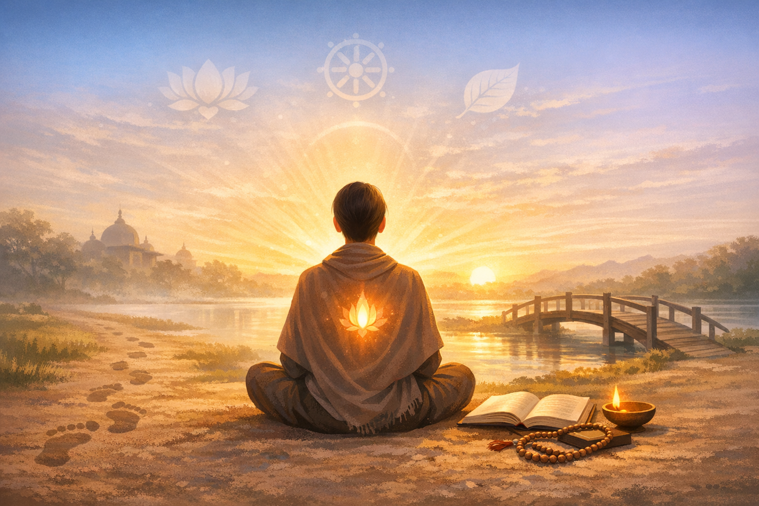Person meditating at sunrise by a calm river, facing radiant light, with temple domes, a wooden bridge, lotus on cloak, open book, prayer beads, and oil lamp, evoking mindfulness.