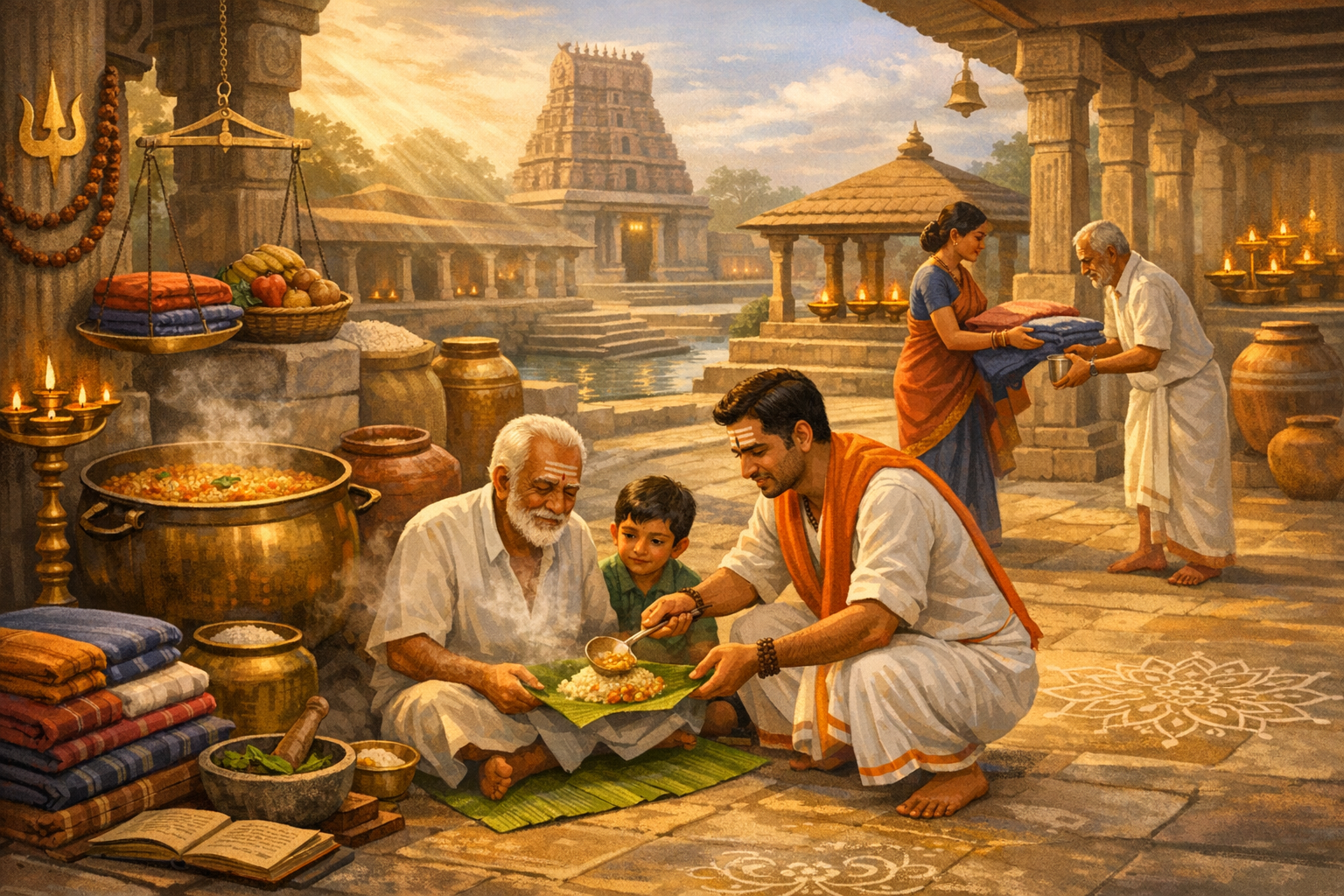 Sunlit South Asian temple courtyard where elders and a child share steaming prasadam on banana leaves; lamps, a gopuram, kolam, and cloth donations evoke culture, tradition, and community service.
